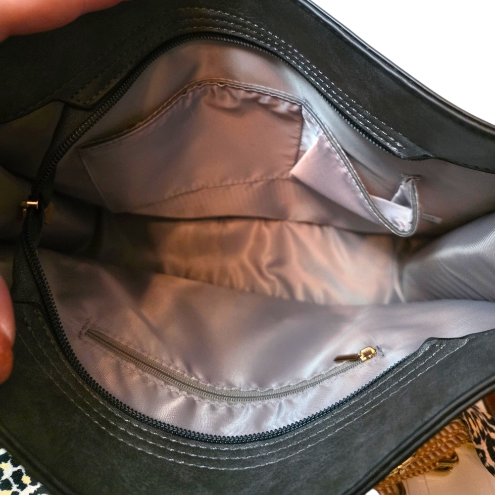 Charcoal Gray Faux Leather Crossbody Bag w/ Leopard & Tan Strap | Gold Hardware - Picture 3 of 12
